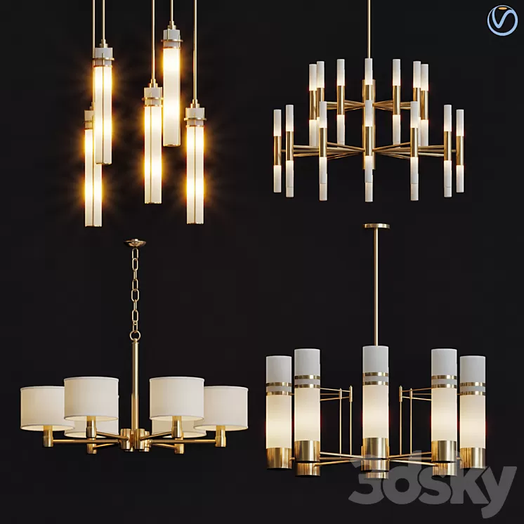 Wide Antique Brass Chandelier and pendant lamps 3D Model