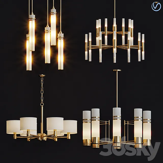 Wide Antique Brass Chandelier and pendant lamps 3DModel