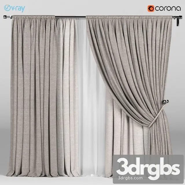 Wide brown curtains with a garter on a rope + white tulle. 3D Model Download