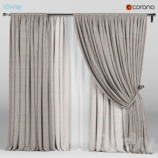 Wide brown curtains with a garter on a rope + white tulle. 3D Model Wide brown curtains with a garter on a rope + white tulle. 3D Model