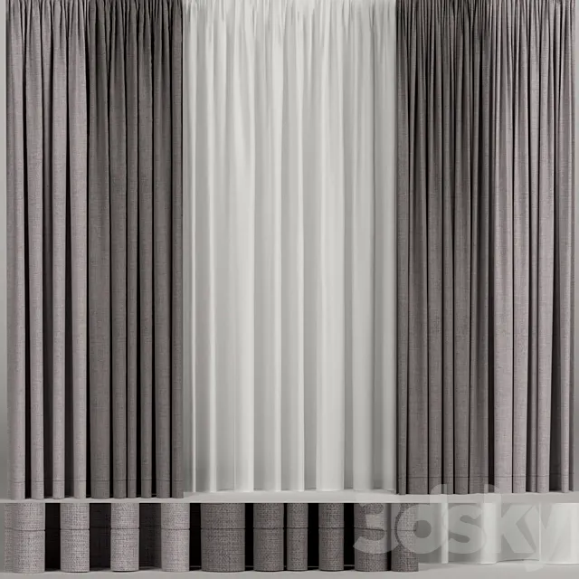 Wide brown curtains with tulle. 3D Model Wide brown curtains with tulle. 3D Model