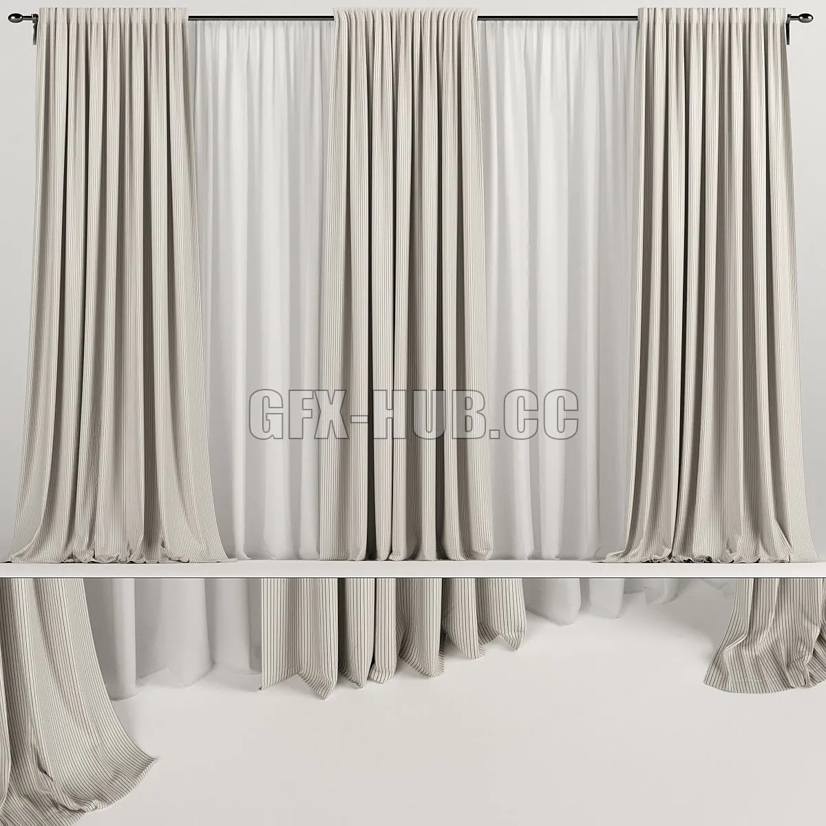 Wide brown curtains with tulle 3D Model Wide brown curtains with tulle 3D Model