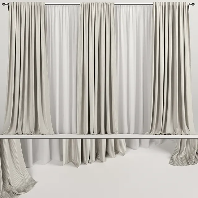 Wide brown curtains with tulle. 3D Model Wide brown curtains with tulle. 3D Model