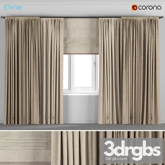 Wide light brown curtains + roman blinds. 3D Model Download
