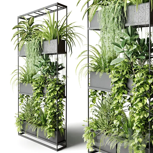 Wide metal rack with indoor plants 3D Model
