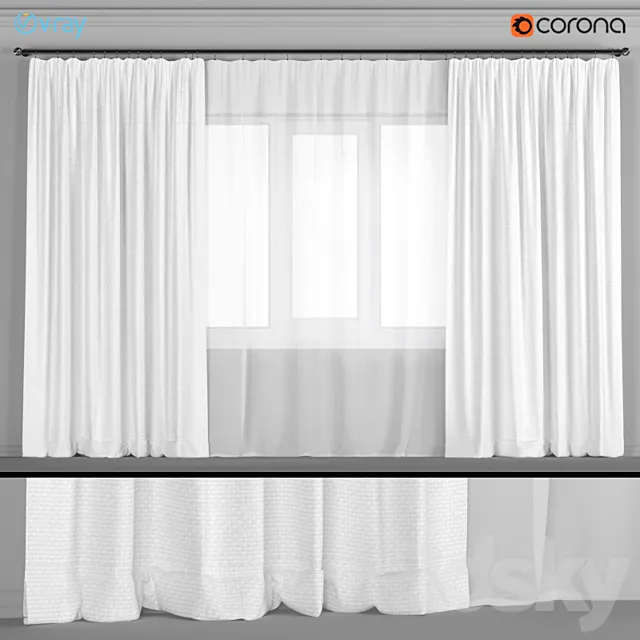 Wide white curtains with tulle. 3DModel Wide white curtains with tulle. 3DModel