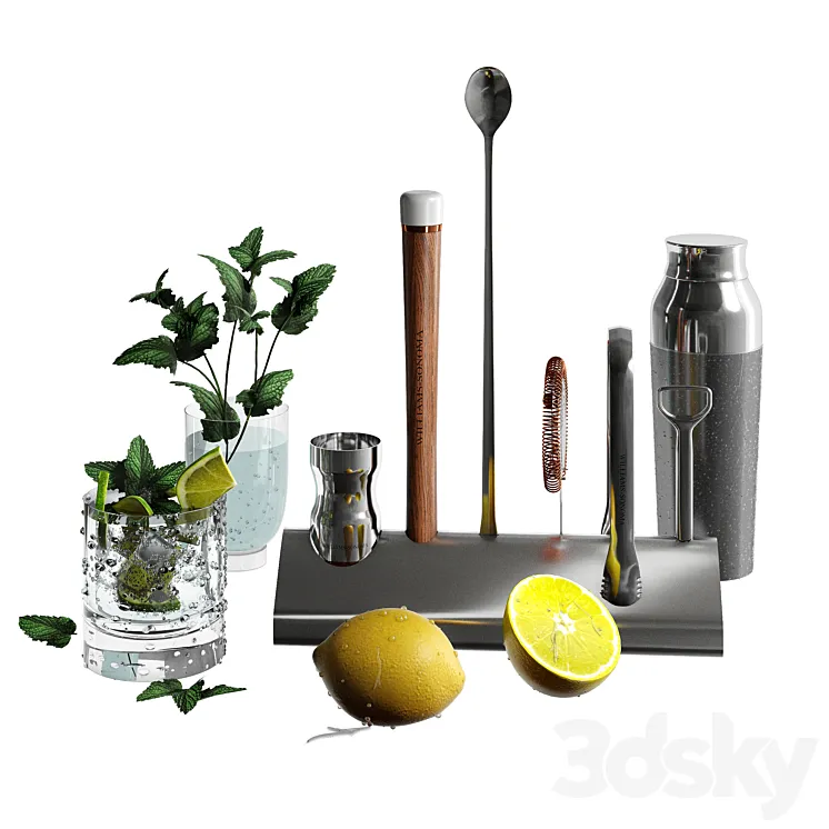 Williams Sonoma Signature Bar Tool Set with Stand & Cocktail Shaker 3D Model Free Download