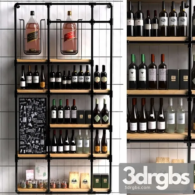 Wine shelf in a loft-style supermarket with a collection of red wine. wine 3D Model Download