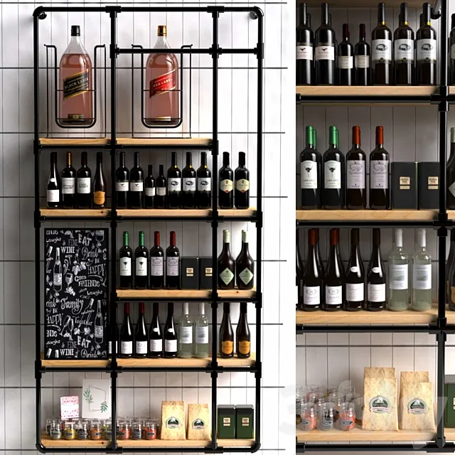 Wine shelf in a loft-style supermarket with a collection of red wine. Wine 3D Model