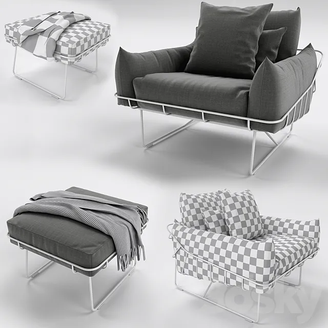 Wireframe Armchair and Ottoman 3D Model Wireframe Armchair and Ottoman 3D Model