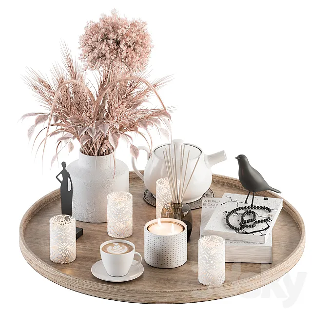 Wood and Pink Decorative Set with Wheat – Set 94 3DModel