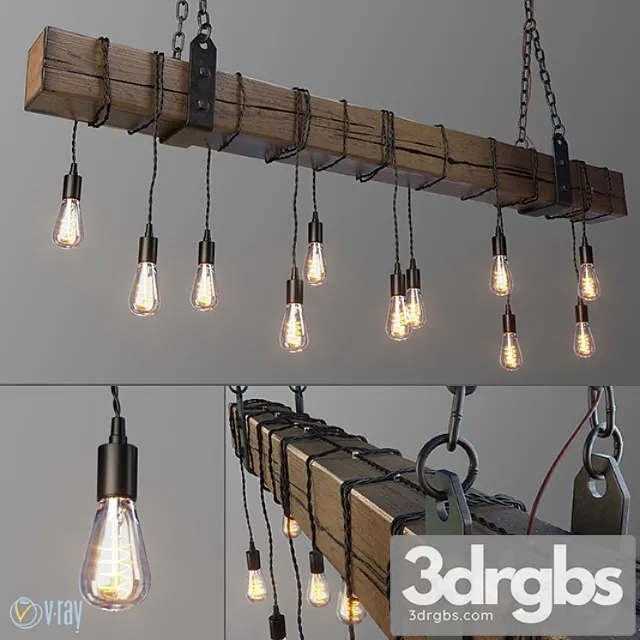 Wood beam chandelier with vintage style edison bulbs 3D Model Download