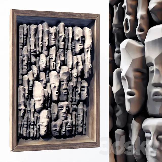 Wood faces panel decor n2 _ Panel from wooden faces No. 2 3DModel