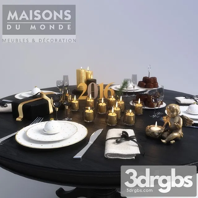 Wood Table Whith New Year Gold Decor 3D Model Download