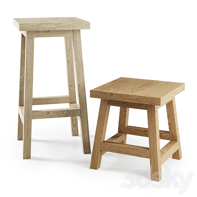 Wooden Bar stool and Backless stool 3D Model