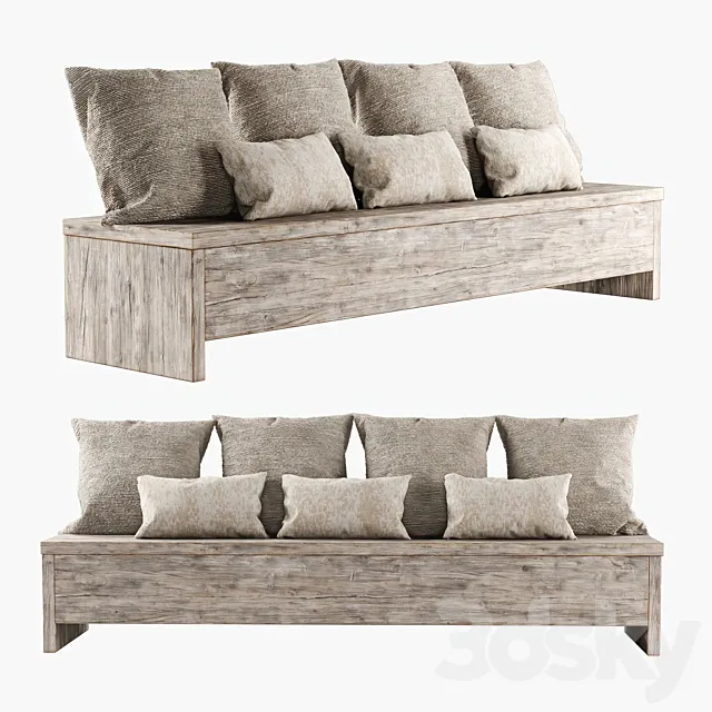 Wooden bench with pillows 3D Model