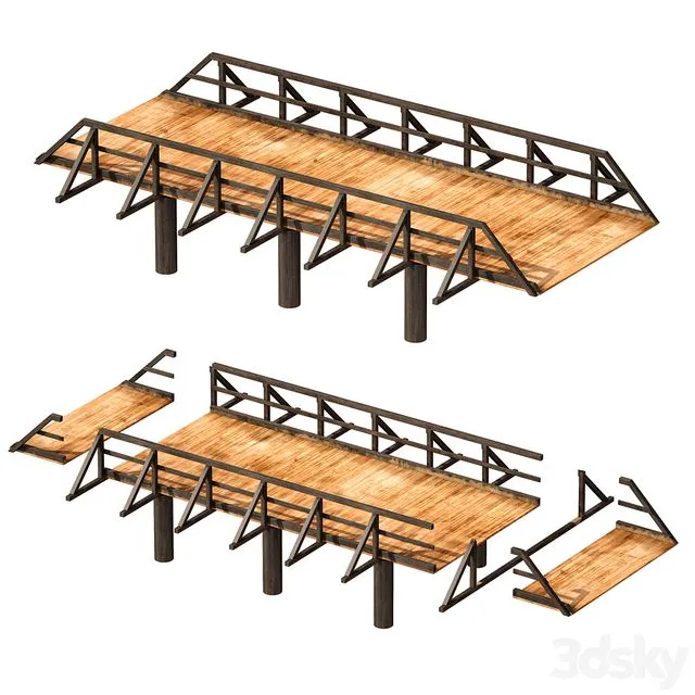 Wooden bridge over the river. Constructor 3D Model Wooden bridge over the river. Constructor 3D Model