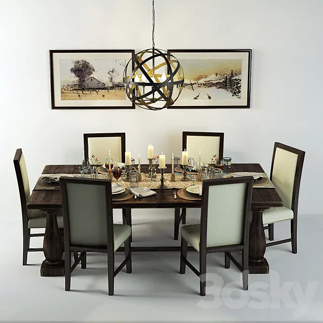 Wooden dining table with chairs 3DModel Wooden dining table with chairs 3DModel