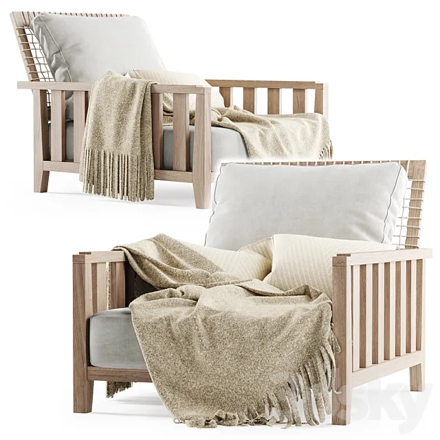 Wooden garden chair with plaid 3D Model