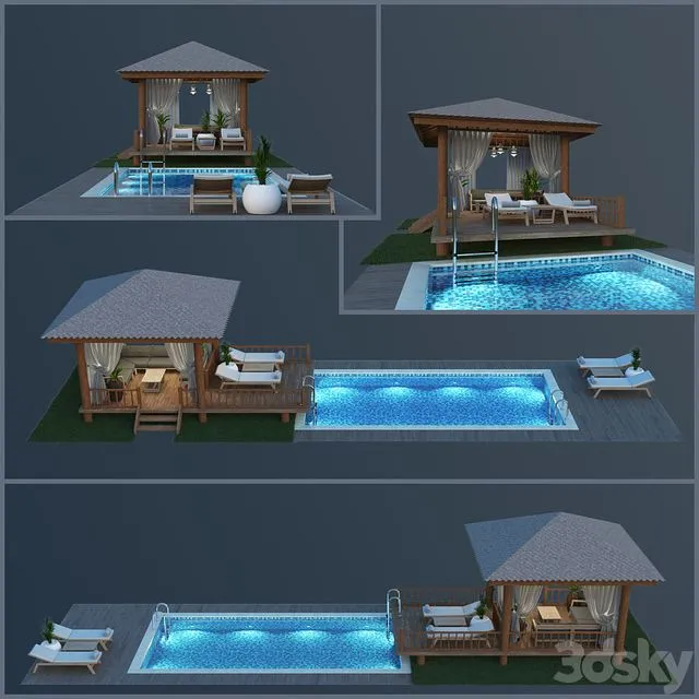 Wooden Gazebo & Swimming Pool 3D Model