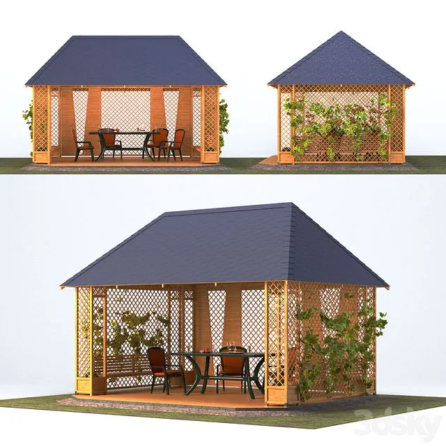 Wooden gazebo with grapes 3D Model