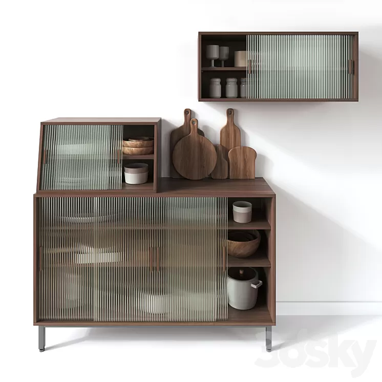 Wooden Glass Cabinets with Kitchen accessories 3D Model Wooden Glass Cabinets with Kitchen accessories 3D Model