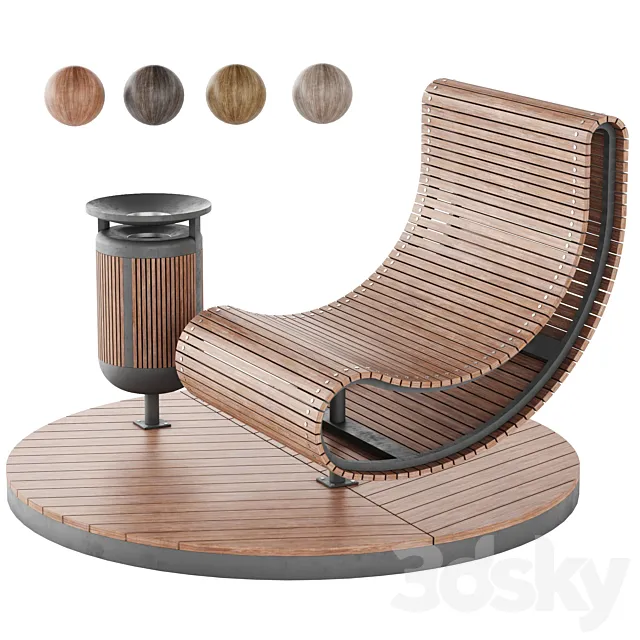 Wooden park bench and trash can LV 003 3D Model Wooden park bench and trash can LV 003 3D Model