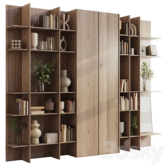 wooden Shelves Decorative With Plants and Book – Wooden Rack 09 3D Model