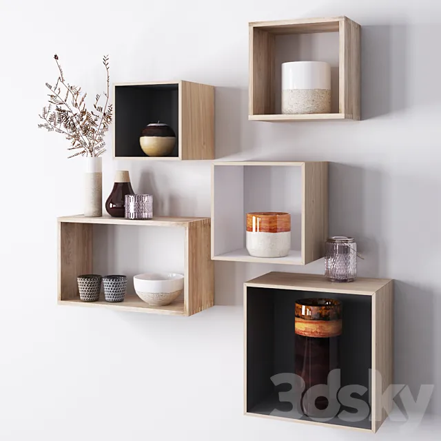 Wooden shelves with decorative objects 3D Model Wooden shelves with decorative objects 3D Model