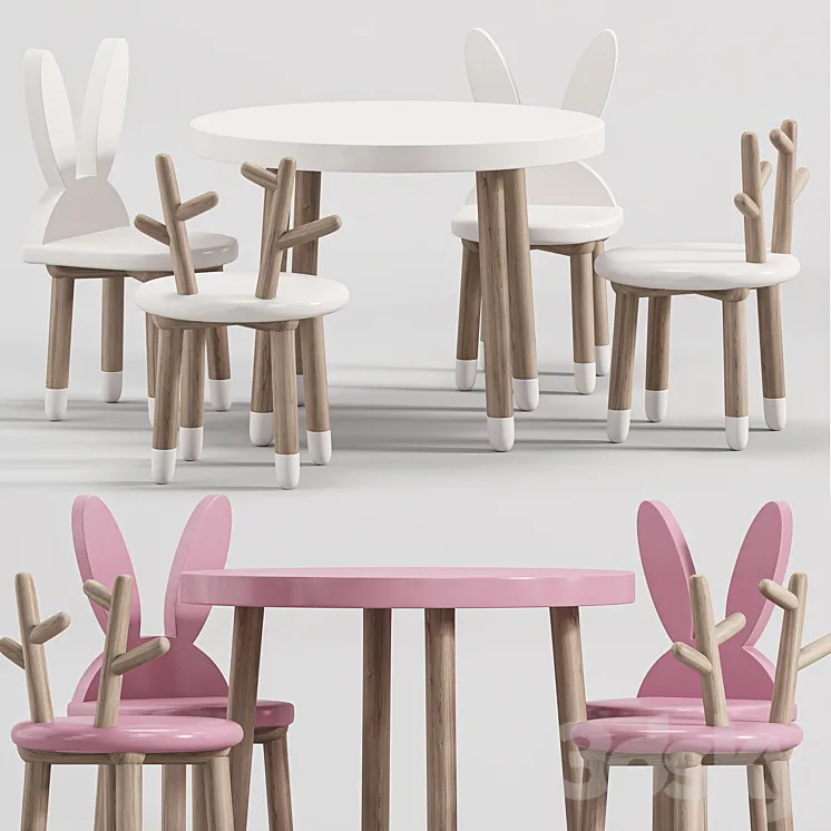 Wooden Table Chair Set for kids 2 3D Model Free Download