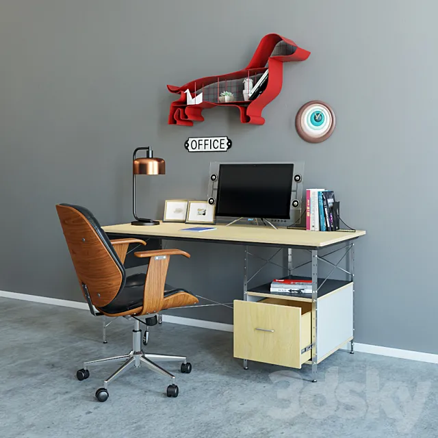 Workplace _ armchair Baxton _ Herman Miller table and decor 3D Model