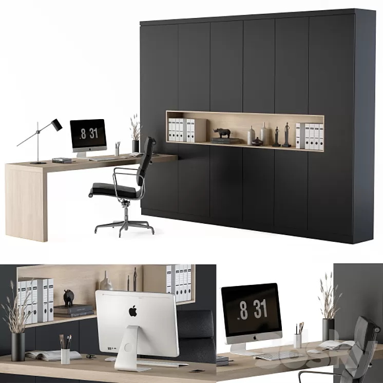 Workplace L Type Desk and Wardrobe Black 3D Model