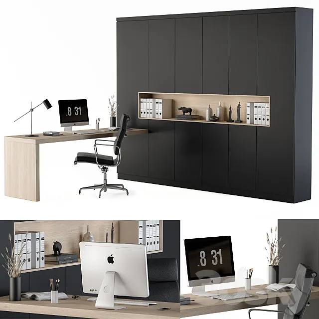 Workplace L Type Desk and Wardrobe Black 3DModel