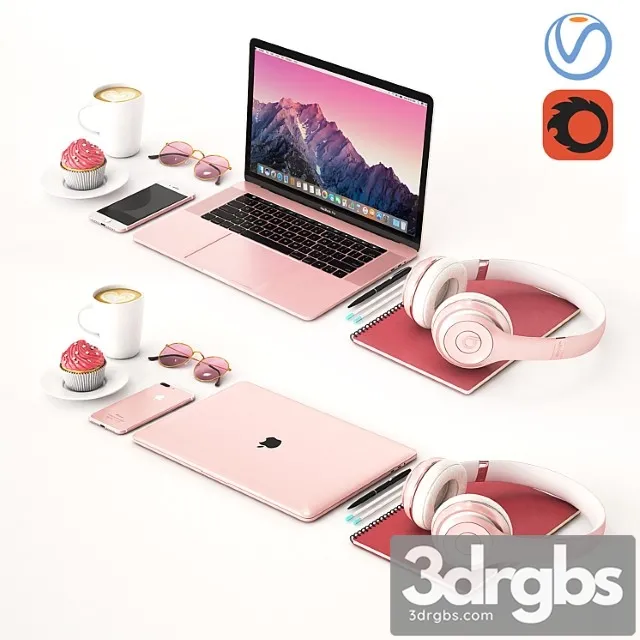 Workplace Rose Gold MacBook 3D Model Download