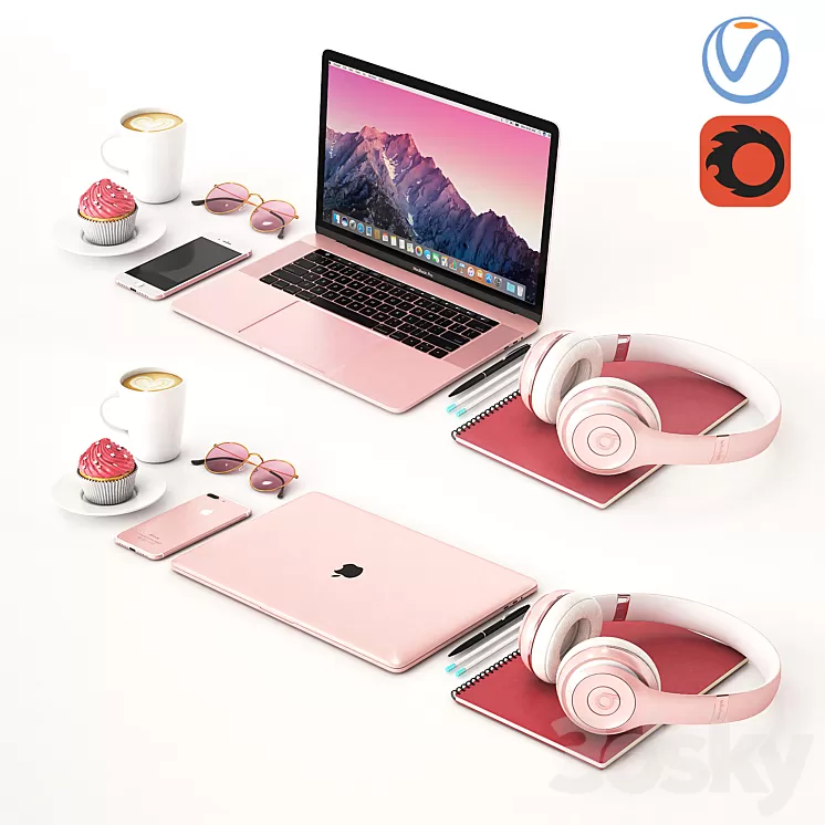 Workplace Rose Gold MacBook 3D Model Free Download