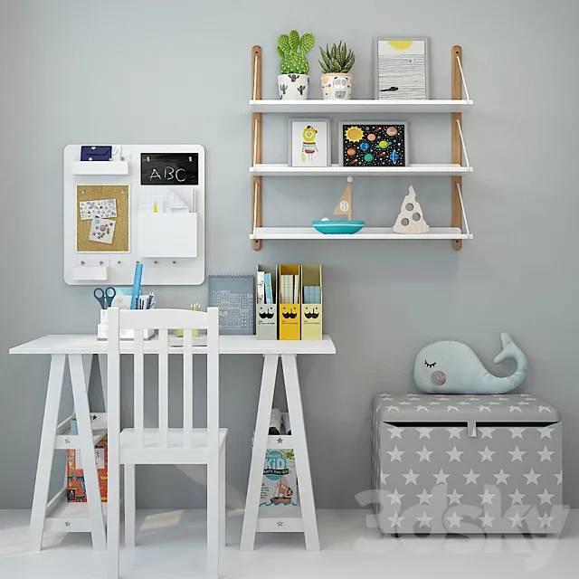 Writing desk and decor for a child 4 3D Model