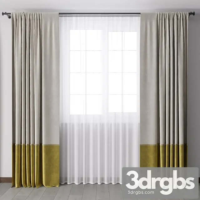 Yellow Curtains With Metal Curtain Rod 07 3D Model Download
