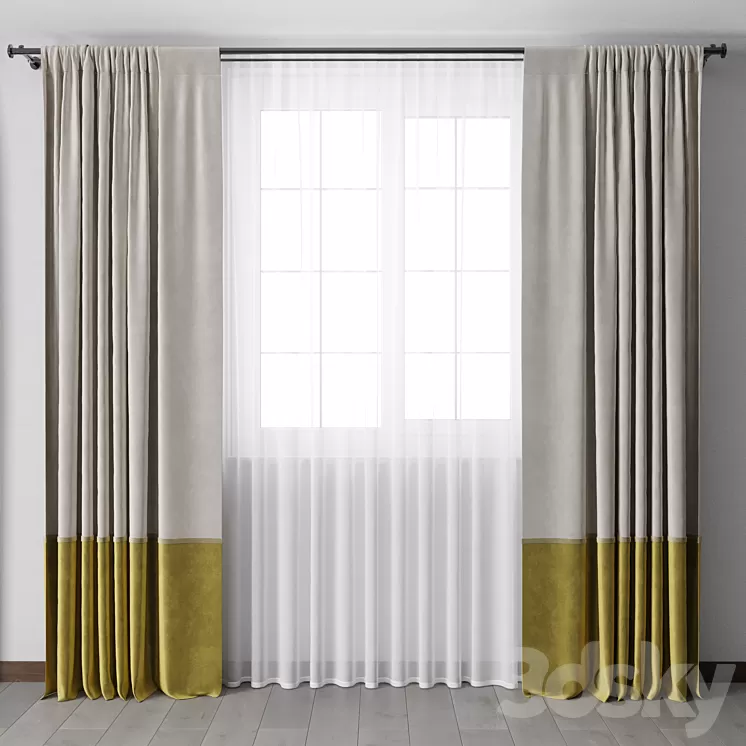yellow Curtains with metal curtain rod 07 3D Model Free Download