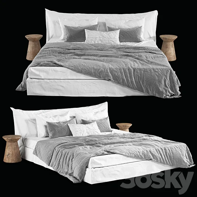 Zara Home Grey Linen Bedding on Cozy Bed 3D Model