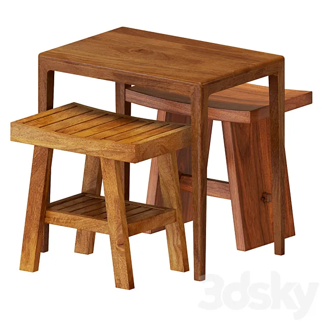 Zara Wooden Table And Stools 3D Model Zara Wooden Table And Stools 3D Model